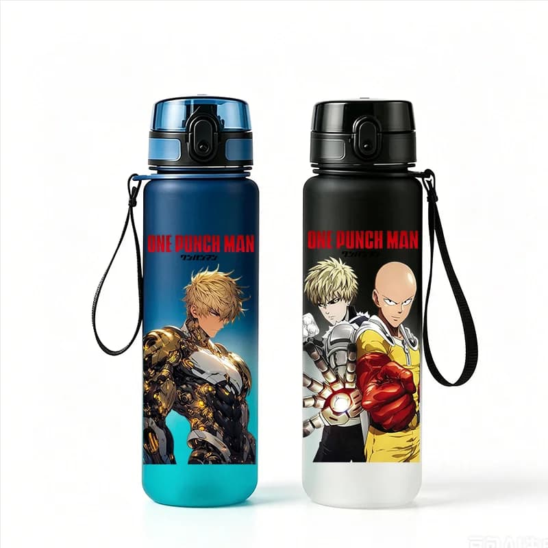 One Punch Man Anime Water Bottle 650ml BPA Free Pop Up Lid Sports Flask with Portable Lanyard Gradient Matte Leakproof Cup