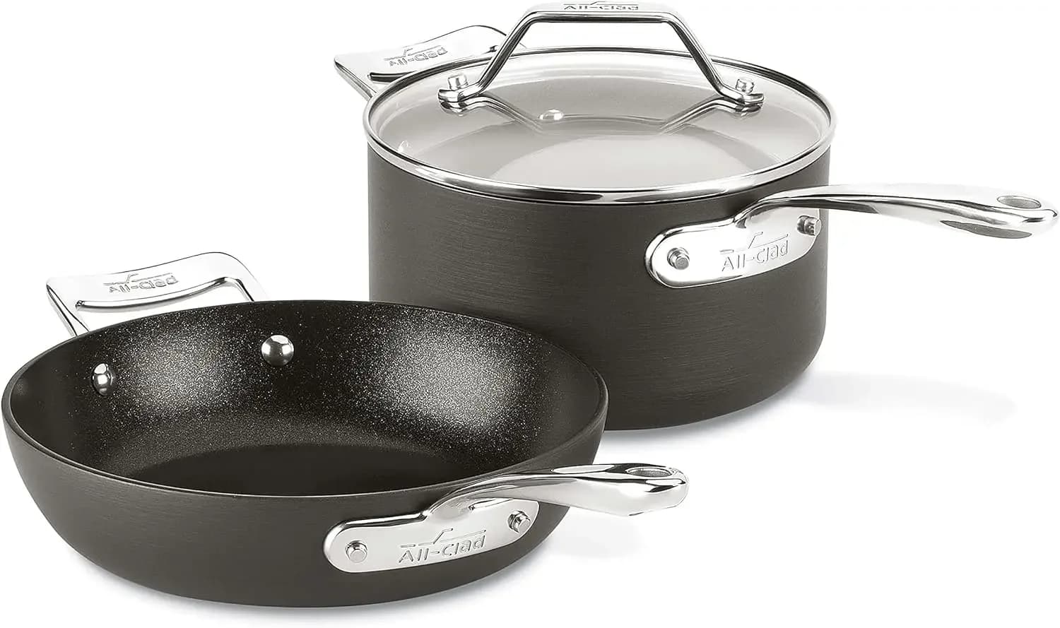 Set Pentole e Padelle Antiaderenti in Alluminio Anodizzato Duro Essentials, 8.5 Pollici, 2.5 Quarti, Sicure per Forno e Griglia fino a 260°C, Colore Nero