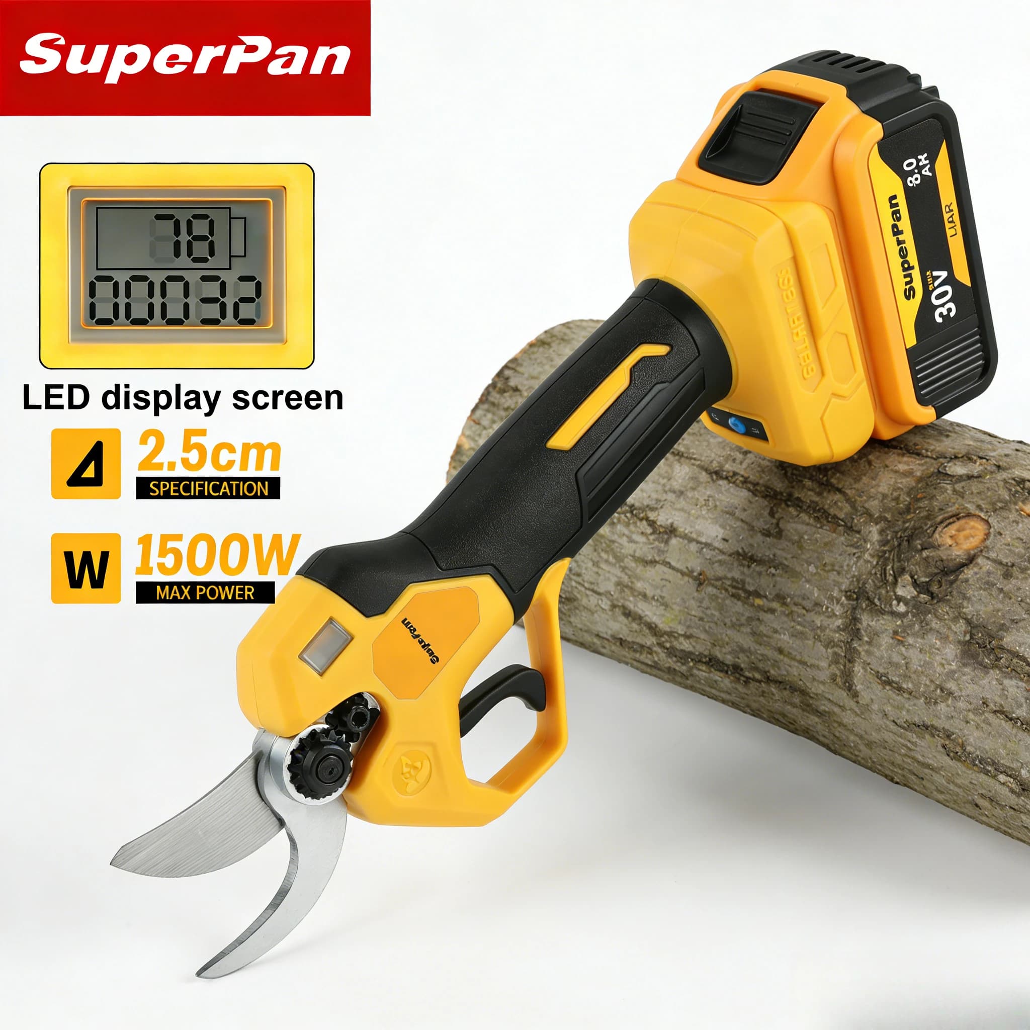 SuperPan Orchard Battery Power Scissors, 4 Speed, 45mm SK5 Metal Sharp Blade, 1500W Brushless Motor for Dewalt 20V Battery