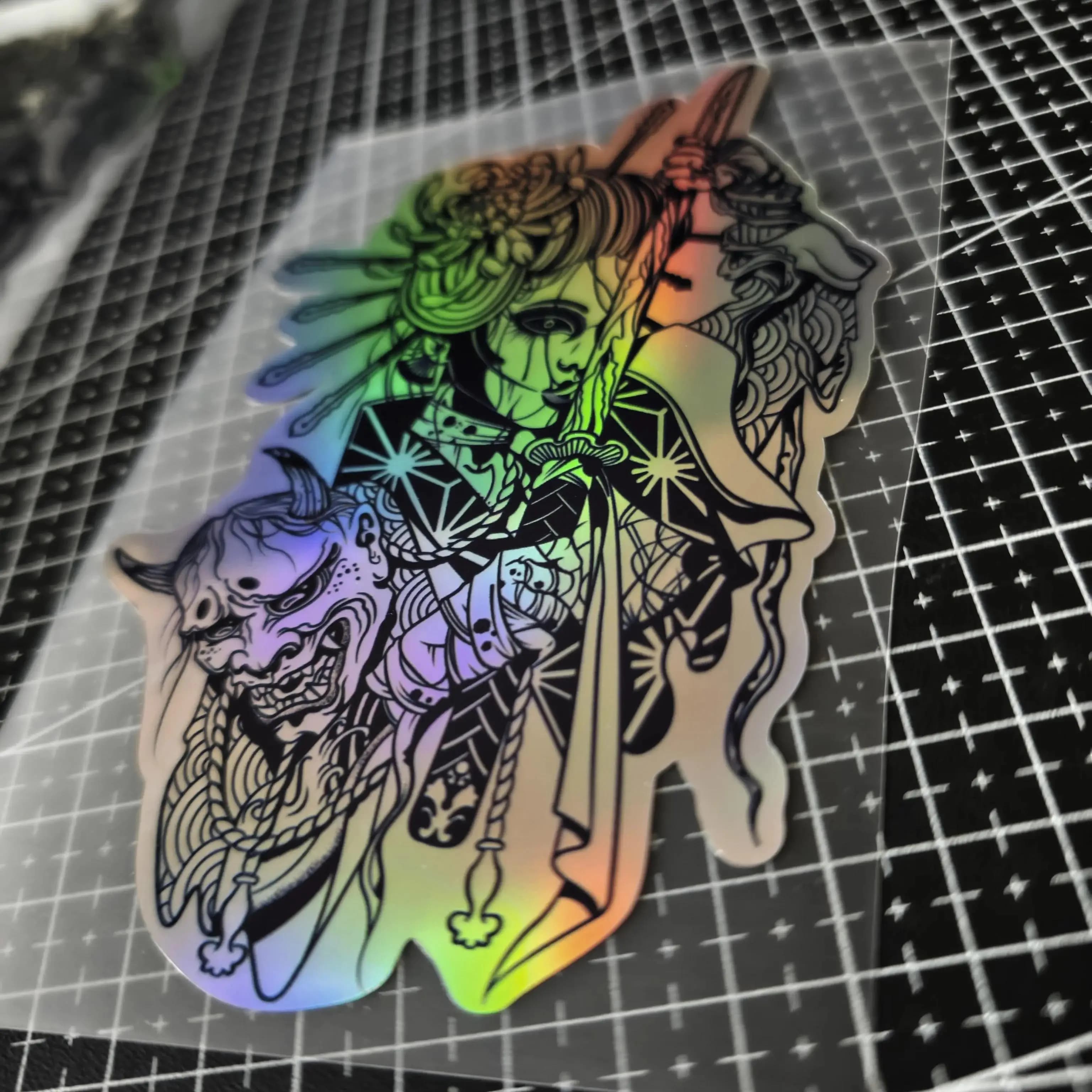 1 holographic sticker in japanese theme vinyl, waterproof decals for cars, bikes, helmet and asian style decorations