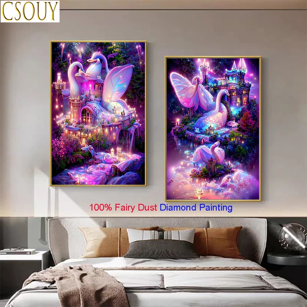 100% Fairy Dust Diamond Painting Cross Stitch Purple Swan Flower Kits Drill Crystal Embroidery Mosaic Needlework Rhinestons Home