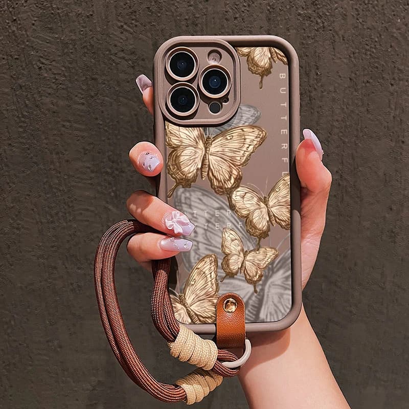 Retro Brown butterfly Pattern Hand Strap Phone Case For iPhone 17 16 15 14 13 12 11 Pro Max 16E XS X XR 7 8 Plus Silicone Cover