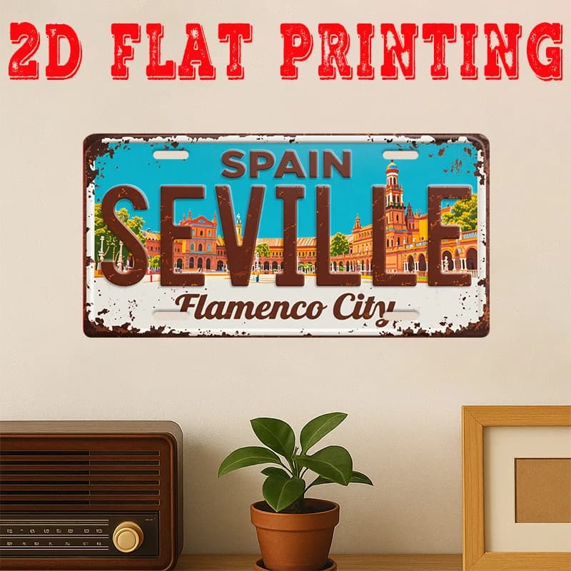 Spain Seville Flamenco City 2D Flat Printing License Plate Style Metal Tin Sign, Spanish Cityscape Landmark Themed Decorative Al