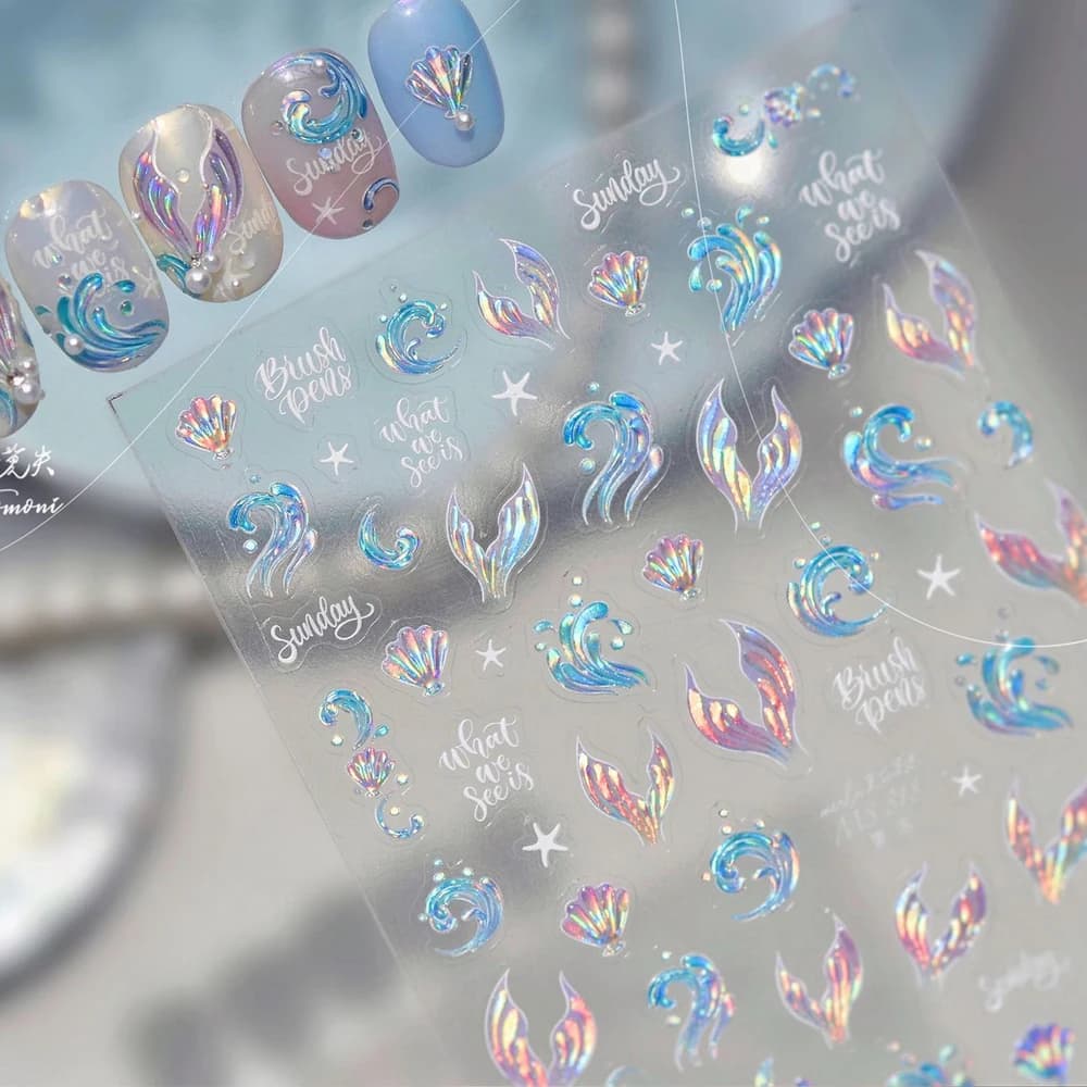 Onde colorate Coda di pesce Sirena Coda di pesce Conchiglia Conchiglia Stella marina Cavalluccio marino Estate Oceano 5D Adesivo per nail art Adesivo per manicure