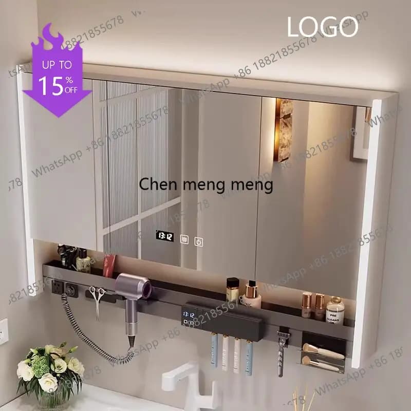 D1089 Armadietto a specchio intelligente per bagno in legno massello, armadietto a parete con specchio per WC e vano portaoggetti