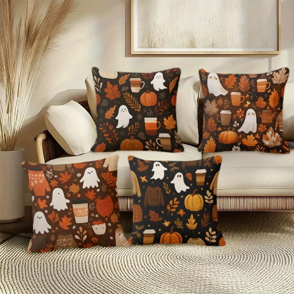 Short plush material pillowcaseFall-Themed Pillow Covers with Ghosts, Pumpkins, Coffee Cups & Autumn Leaves for Cozy Decor Sofa