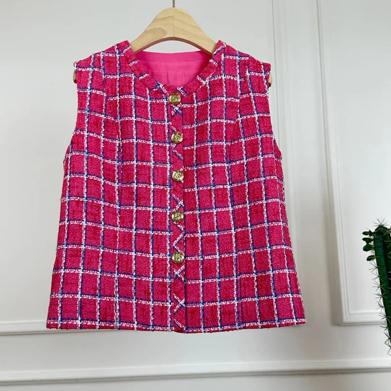 Piccola moda profumata Basic Red Black Plaid Vest Jacket donna Vintage Casual allentata fibbia dorata Chic Korea Lady Tweed Vest