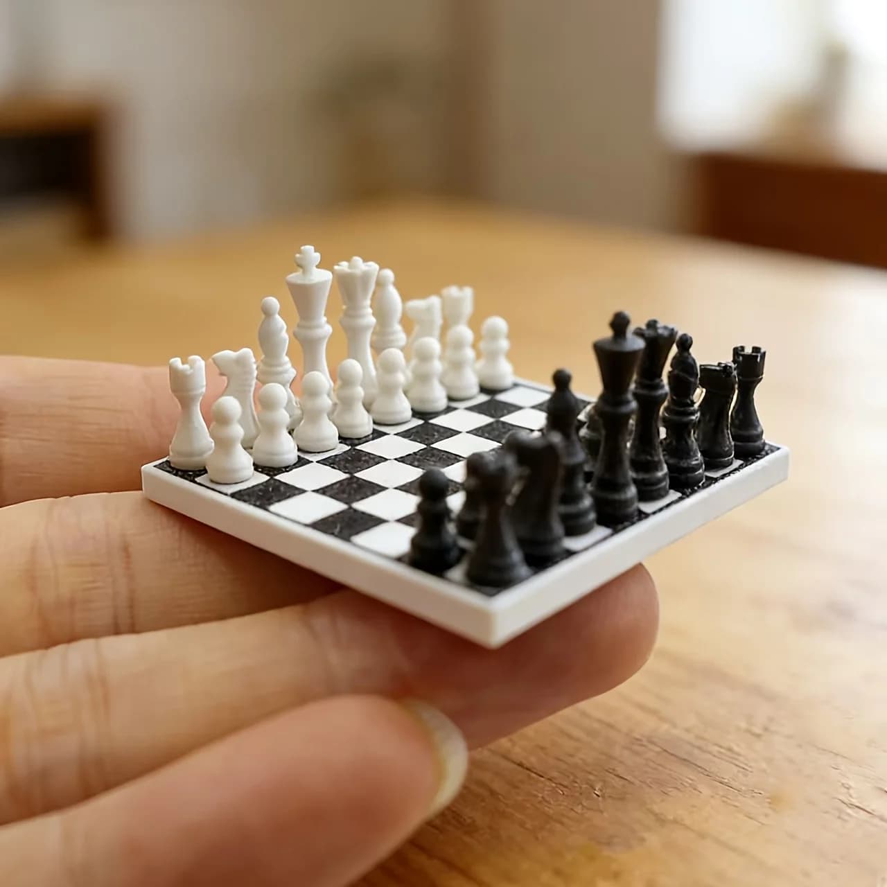 1 set di scacchi creativi in miniatura con scacchiera a quadretti bianchi e neri, ideale per decorare scene di una casa delle bambole.