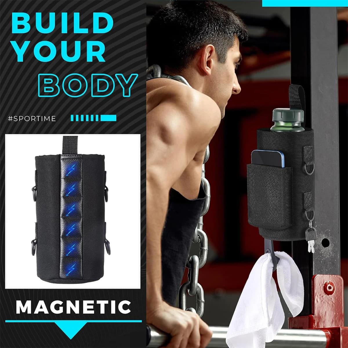 Borsa magnetica per bottiglia d'acqua da palestra Borsa a tracolla magnetica antiscivolo per palestra Supporto magnetico portatile per bottiglia d'acqua per accessori da palestra
