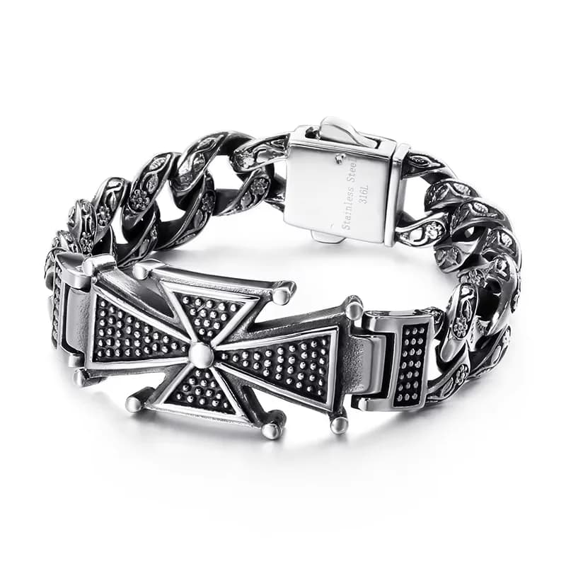 Fongten Gothic Skull Cross Curb Men's Bracelet Vintage Black Cuban Chain Stainless Steel Skeleton Male Bracelets Bangle Jewelry