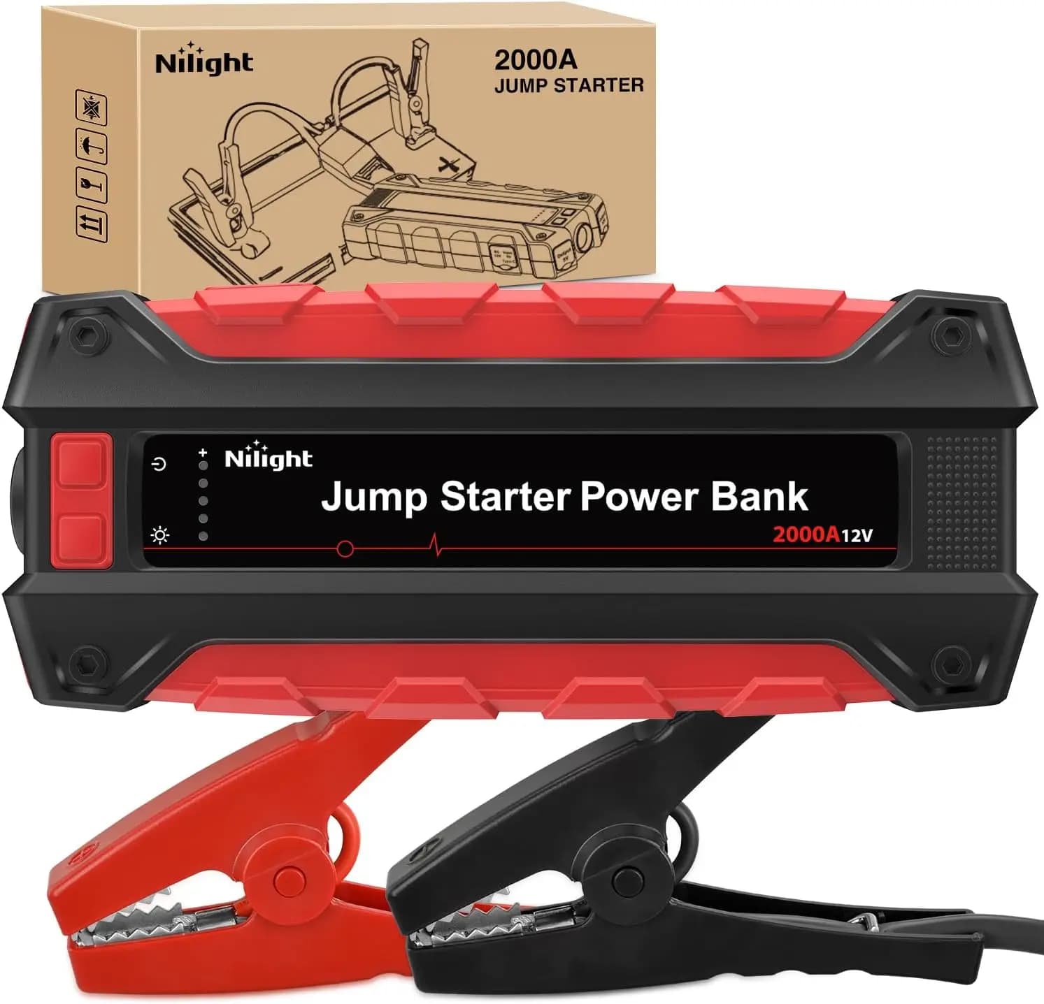 Avviatore d'Emergenza Portatile 2000A per Motori a Benzina e Diesel, Booster 12V con Cavi, Uscita DC, Luce LED