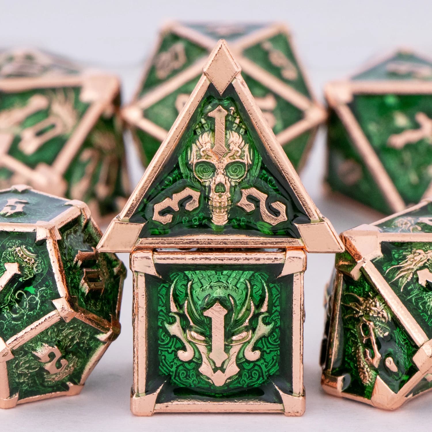 Set di dadi in metallo DnD verde teschio, dadi D & D in metallo per giochi da tavolo, Set di dadi in metallo DnD per Dungeons and Dragons, set di dadi d e d