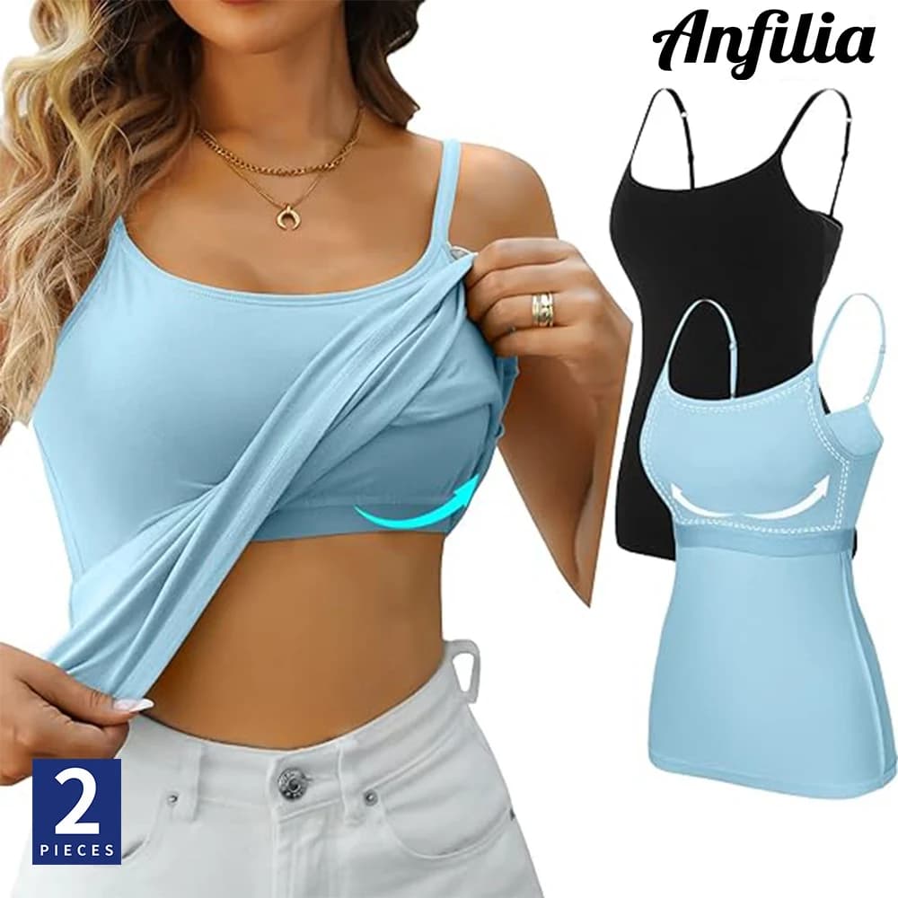 Anfilia Canotta da donna 2 pezzi Spalline regolabili solide con reggiseni da scaffale 95% cotone Canotte morbide casual alte elastiche