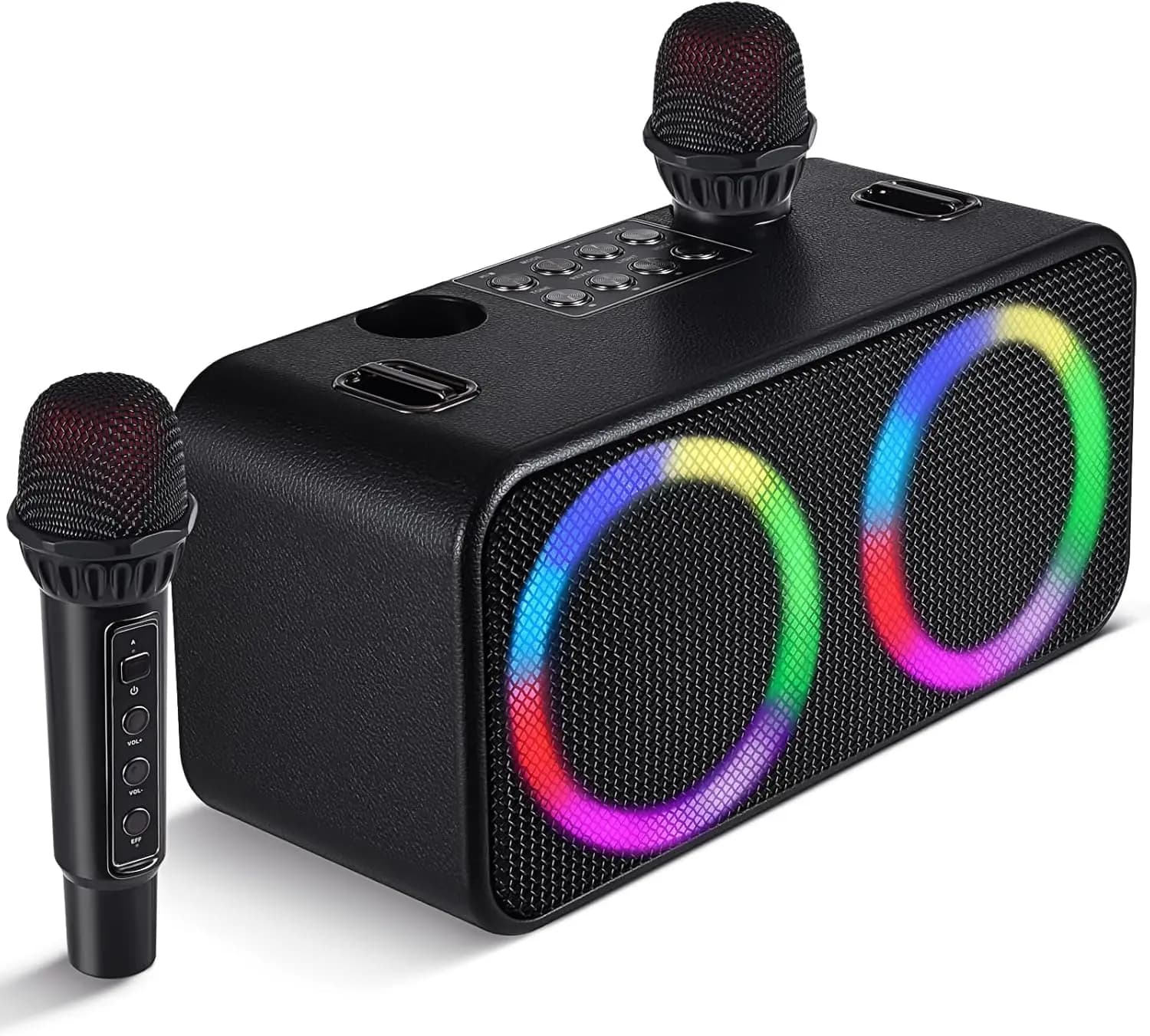 Macchina Karaoke Portatile con 2 Microfoni, Altoparlante Bluetooth per Feste all'Aperto/Al Chiuso, Sistema PA Wireless, Effetti Sonori e Luci