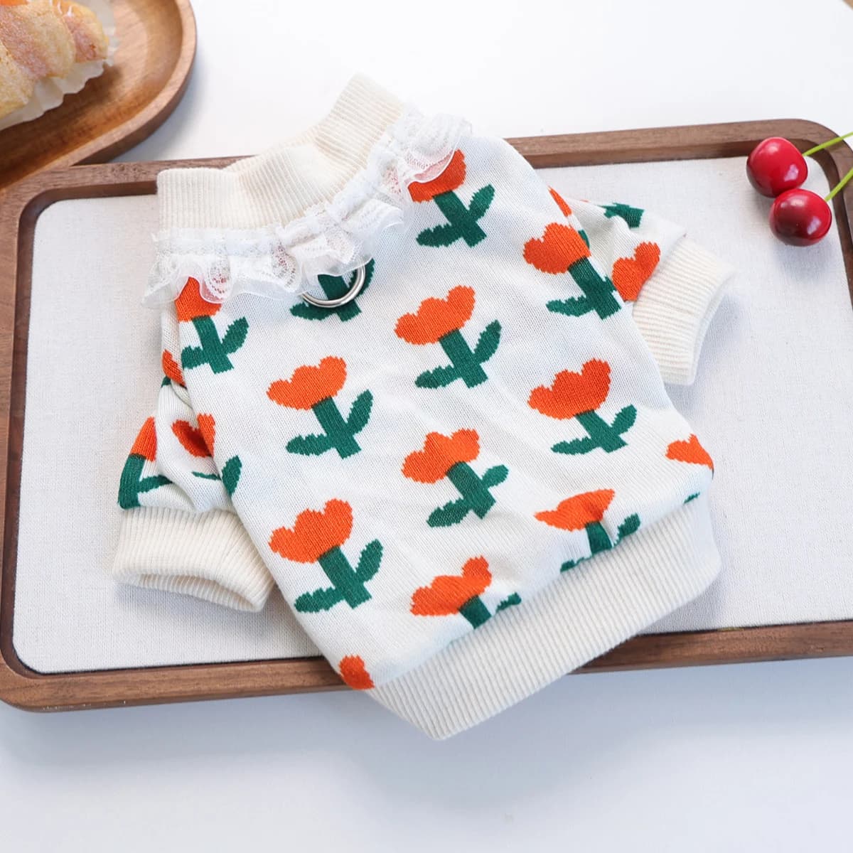 Floral Knit Dog Sweater,Lace Ruffle Collar Pet Top With ring,Cute Tulip Print Clothes For Small Dogs Cats Teddy Pomeranian`