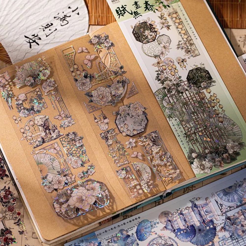 3Pcs/Bag Chinese Style Bronzing Stickers for Planner/Diary/Bullet Journal Scrapbook Embellishment Kit Aesthetic Collage Material