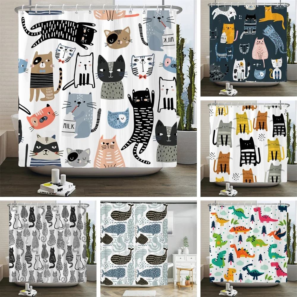 Tenda da doccia stampata con gatto Tende da bagno con animali dei cartoni animati Bagno per vasca da bagno Tende da doccia con ganci da 12 pezzi
