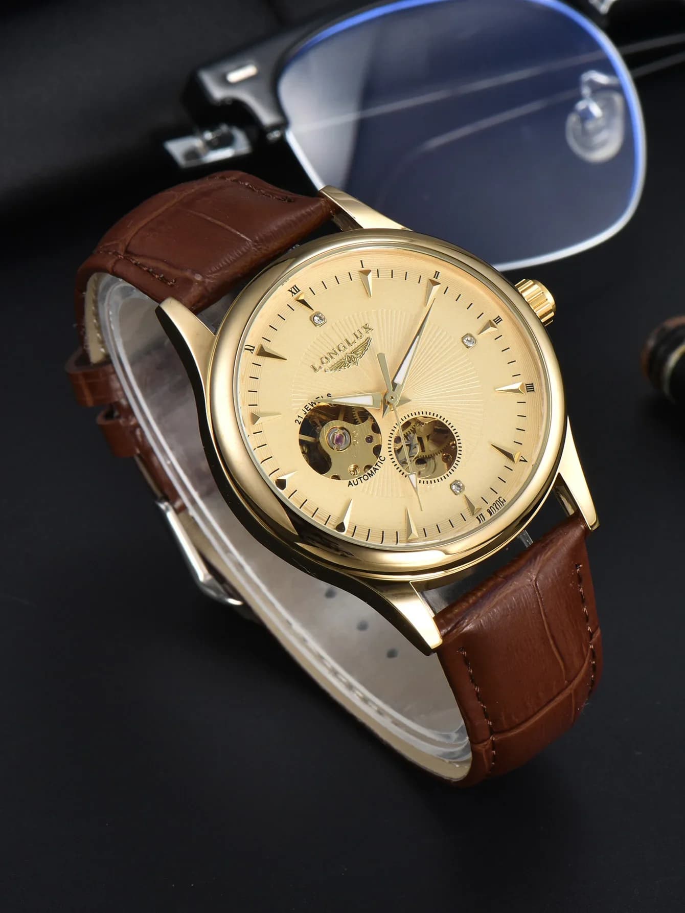 Orologio automatico LONGLUX, stile elegante, orologi da polso meccanici all'ingrosso, scheletrati, impermeabili, da uomo, idea regalo.