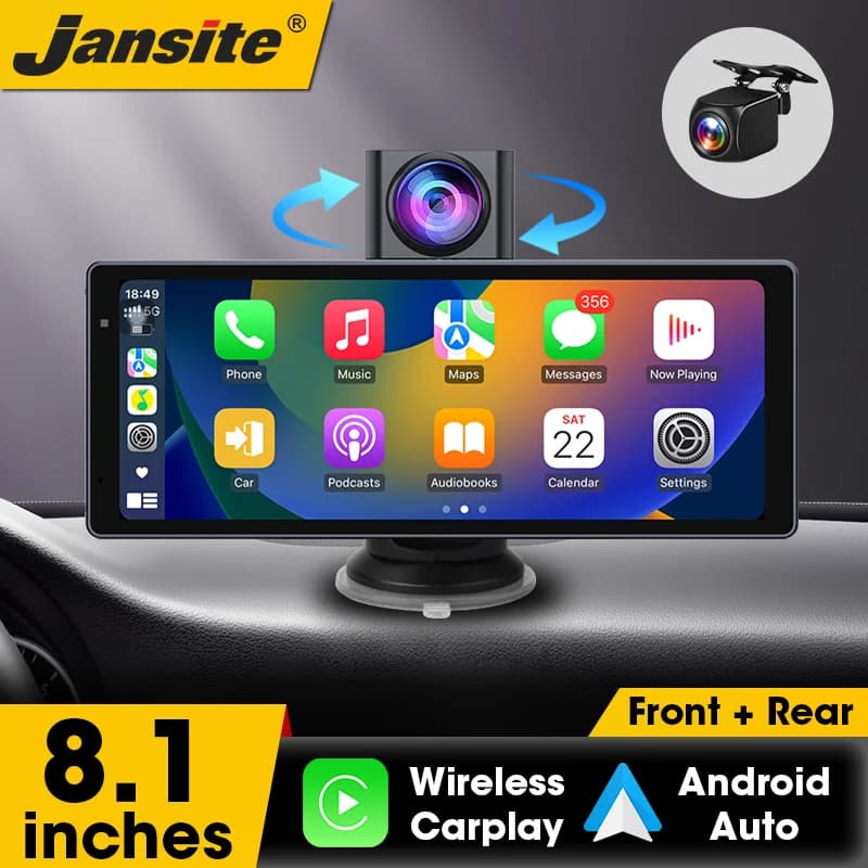 Dashcam 8.1 Pollici con Telecamera Posteriore, CarPlay e Android Auto, Navigazione GPS, DVR Auto, Registratore Video Doppia Lente, FM e Specchietto Monitor.
