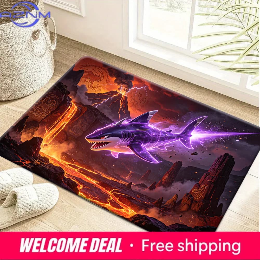 Tappetino antiscivolo con stampa Purple Lightning Shark Lava Volcano