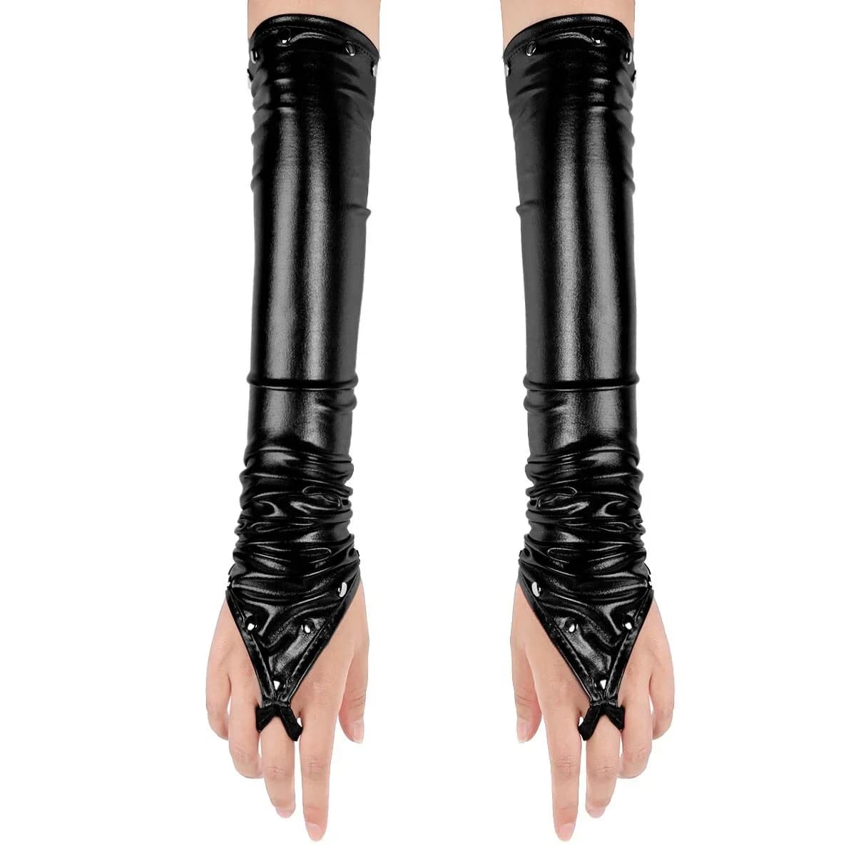 Guanti da donna in lattice metallizzato senza dita Wetlook da donna con rivetti Guanti lunghi al gomito in pelle verniciata Night Club Dancewear