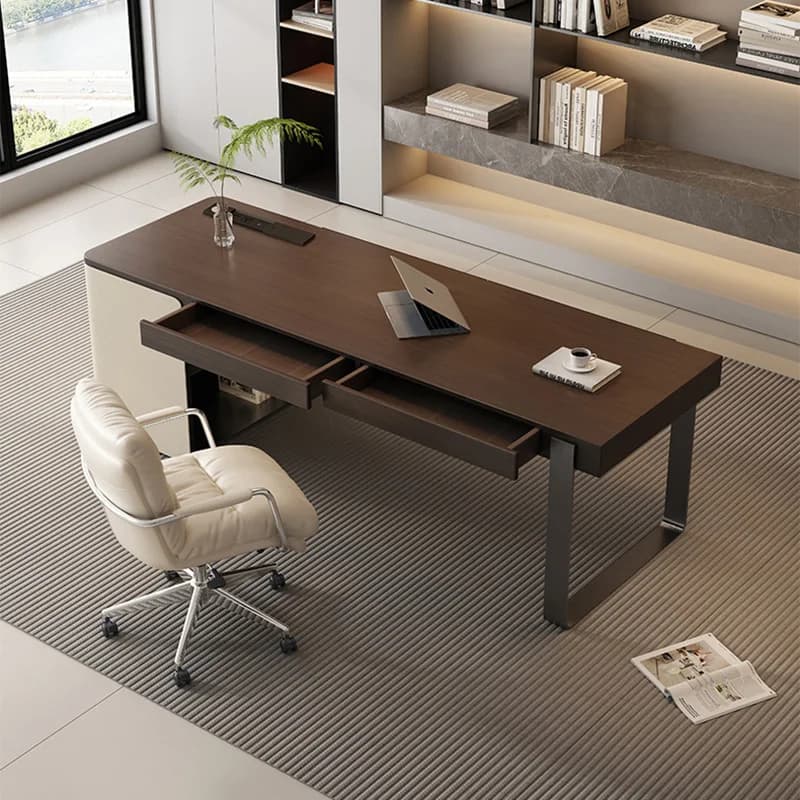 Scrivania in legno con cassetto e gambe in acciaio inossidabile, scrivania per computer, scrittoio contemporaneo per l'home office o la sala studio