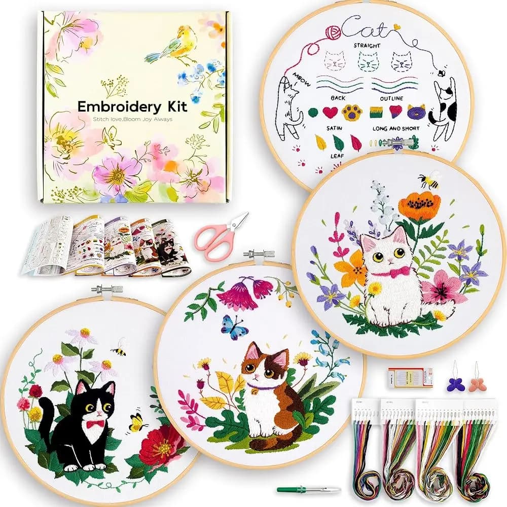 Kit di Ricamo per Principianti, 4 Set di Kit di Ricamo a Punto Croce con Motivo Gatto, Kit per Adulti Principianti, con Pacchetto Completo di Accessori per Cucito