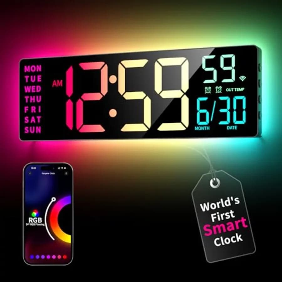 Orologio da Parete Digitale Intelligente con Controllo App, Grande Display LED RGBIC da 16,5 Pollici con Sincronizzazione Musicale e Colori Personalizzabili