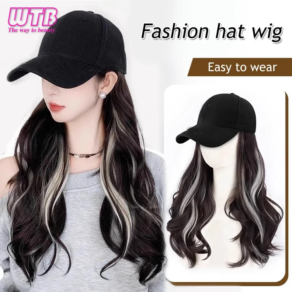 Synthetic wig hat one-piece female black highlights white long curly hair baseball cap fashion cap wig