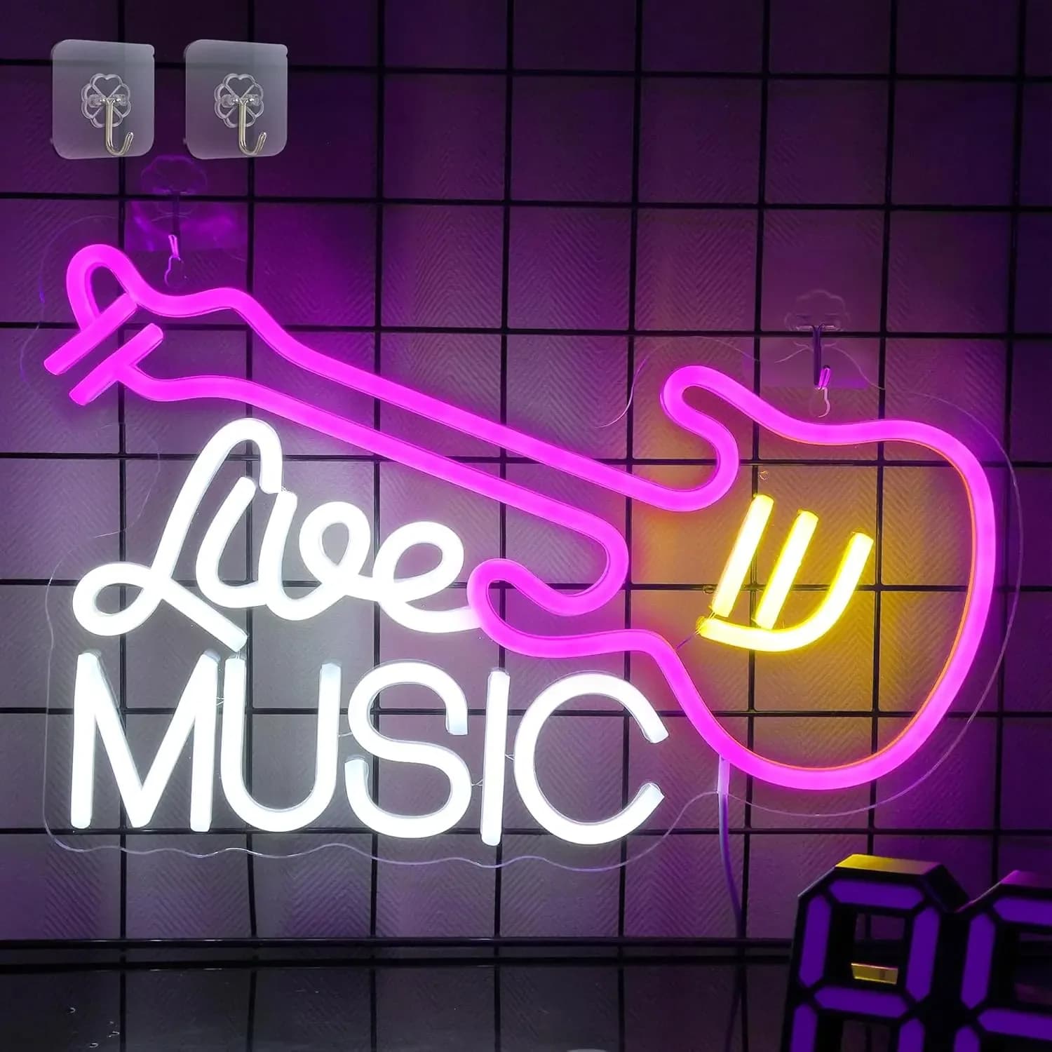Insegna al Neon a Forma di Chitarra con Musica dal Vivo, Luce LED Dimmerabile USB, Illuminazione Rosa e Gialla per Sala Musica, Camera da Letto, Bar, Studio, Regalo per Chitarristi