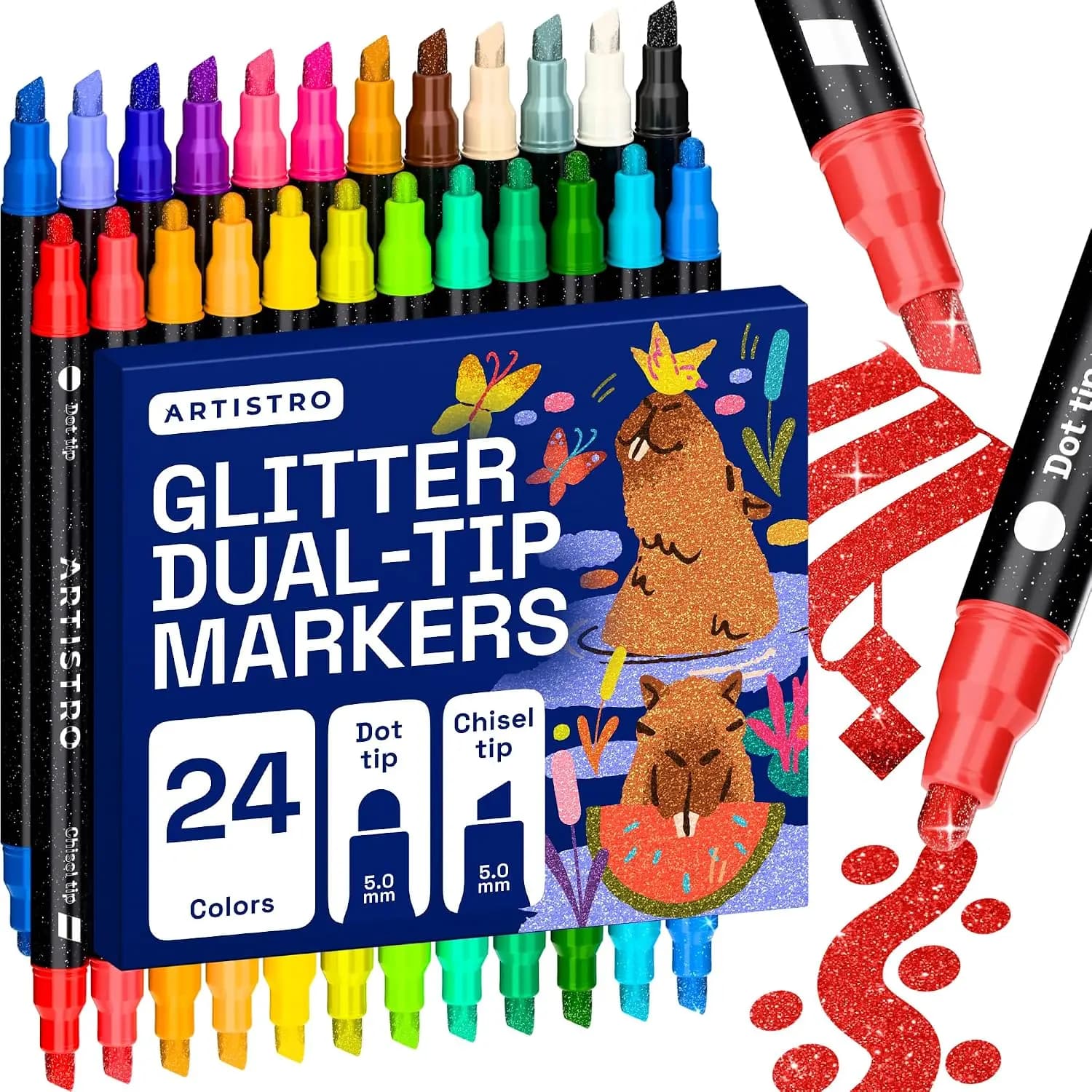 24 Dual-Tip Glitter Paint Pens – Sparkly Acrylic Markers for Rock, Wood, Fabric, & More