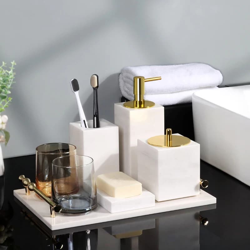 Set di accessori per il bagno in marmo naturale Volakas bianco Set di portasapone in pietra custodia per spazzolino da denti Set di Dispenser di sapone per il bagno