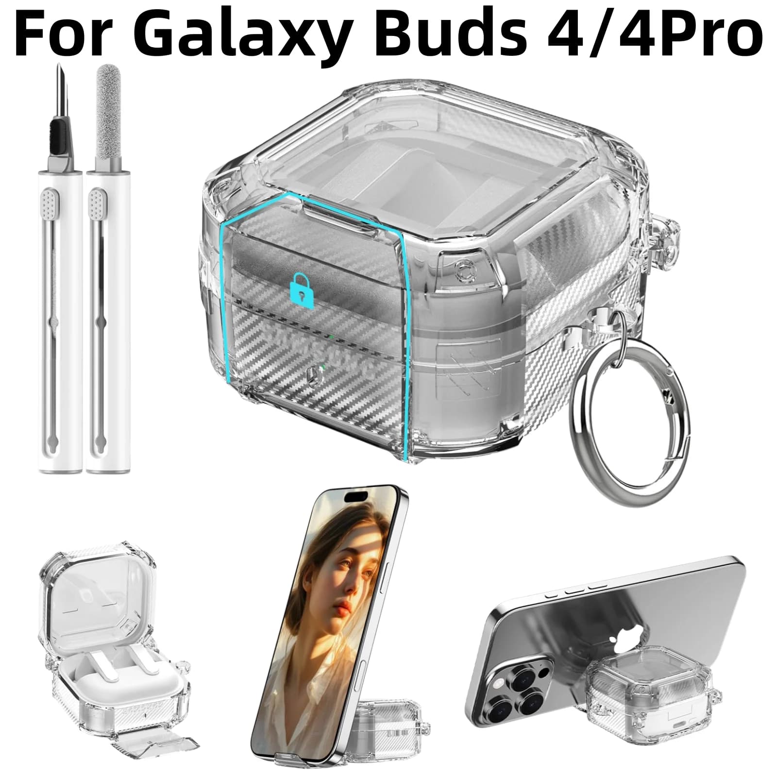 Custodia di sicurezza per Samsung Galaxy Buds 4 Pro / Buds 4 con supporto per telefono e kit di pulizia, custodia trasparente per Galaxy Buds 4
