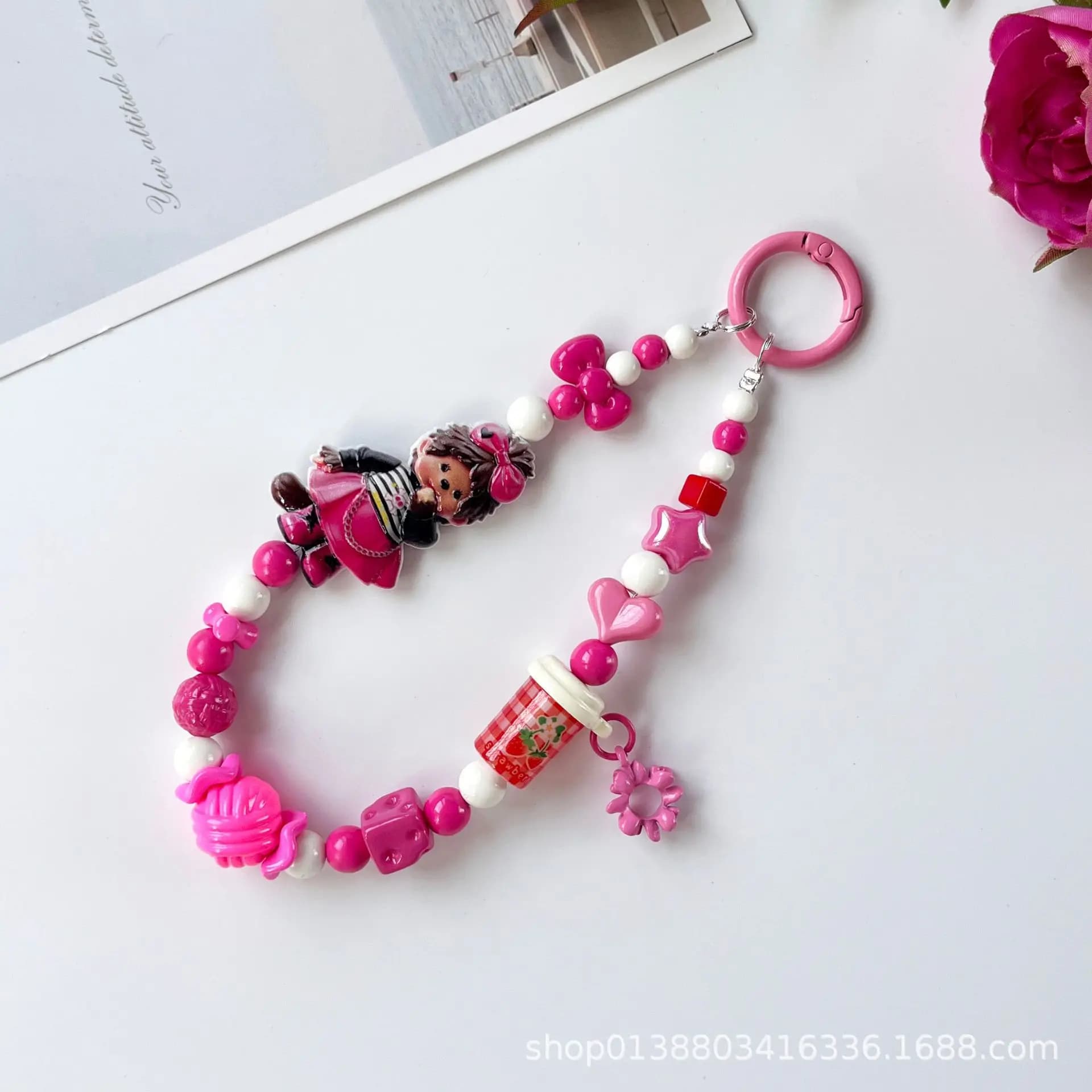 Mengququ water cup with bow-shaped flower ring, cute mobile phone chain pendant, bag with key ring attached