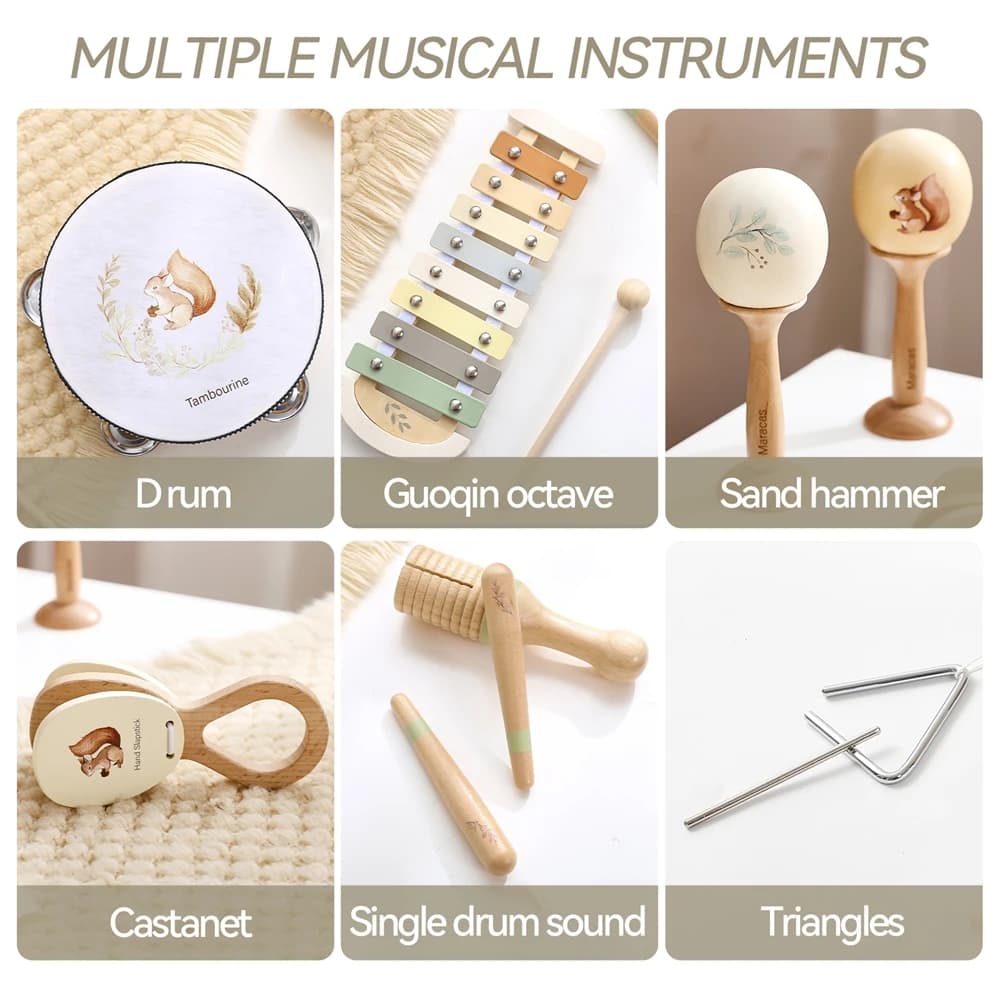Giocattoli Musicali per Bambini, Set di Strumenti Musicali Montessori in Legno, Maracas a Forma di Scoiattolo, Tamburo, Xilofono, Giochi Sensoriali per l'Educazione Precoce
