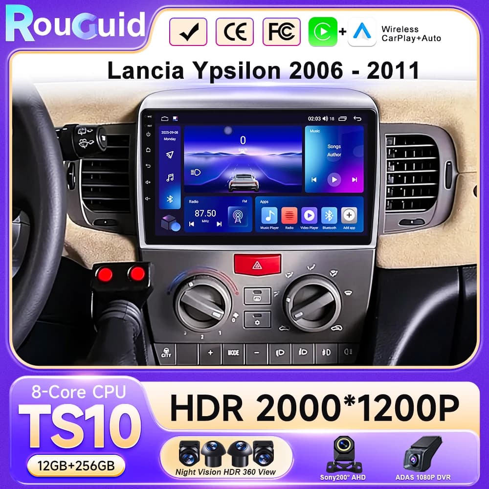 Autoradio con GPS e Carplay Android 16 per Lancia Ypsilon 2006-2011, Schermo Touch, Wi-Fi, Bluetooth e Navigatore