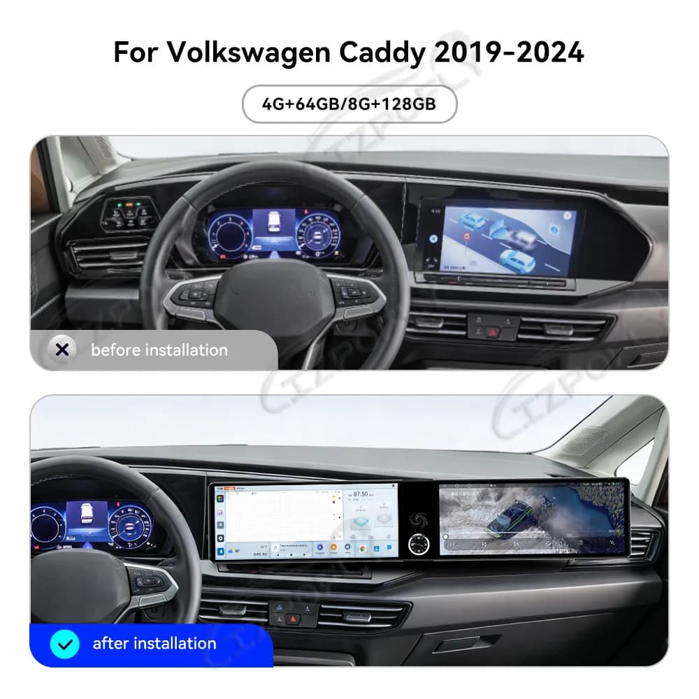 Lizpofly Autoradio Doppio Schermo 12.3" per Volkswagen Caddy 2019–2024 con Carplay e Android Auto Wireless, Navigazione GPS Touchscreen