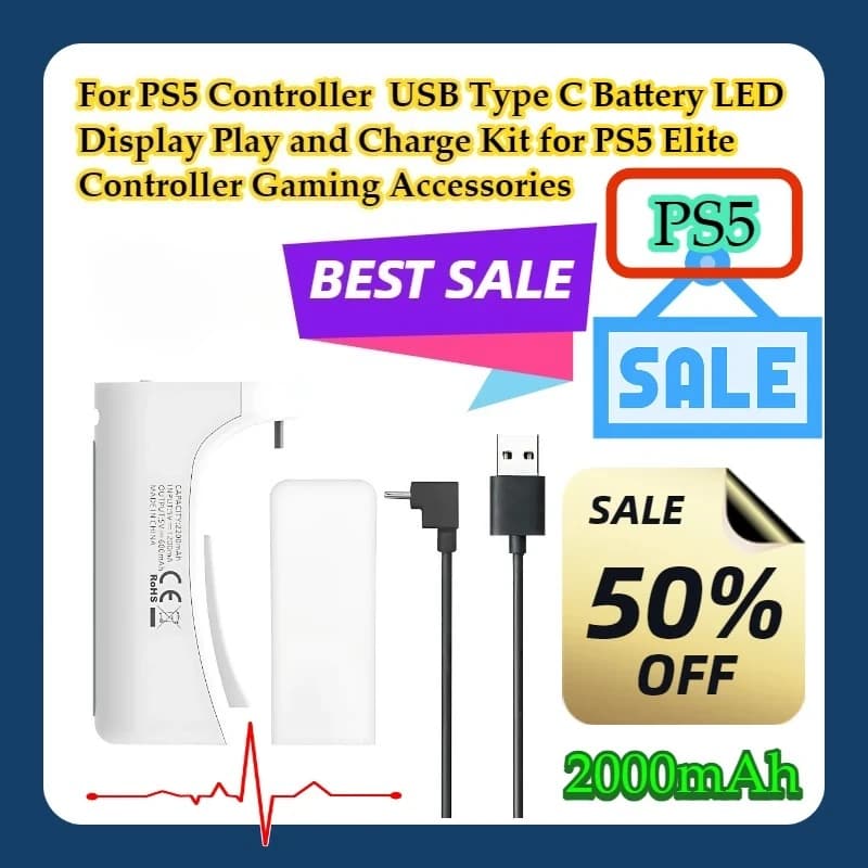2 pezzi per controller PS5 2000mAh USB tipo C batteria display a LED riproduzione e kit di ricarica per accessori da gioco controller PS5 Elite