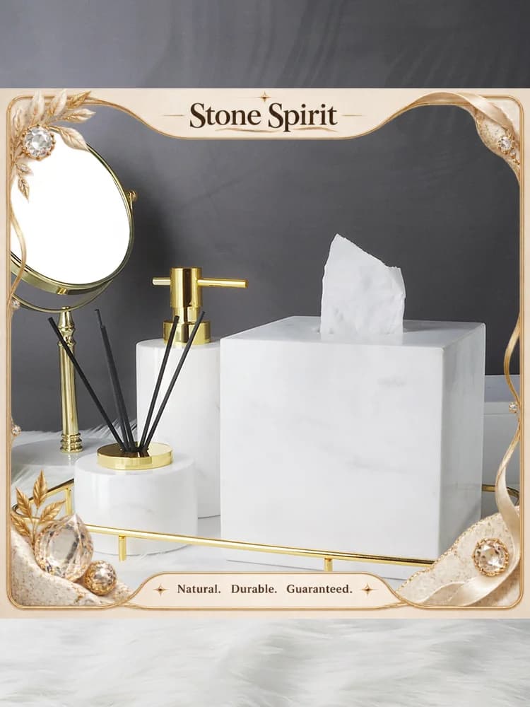 【Natural】Volakos White Natural Marble Bathroom Accessories Set Golden Luxury Soap Dispenser Makeup Rack Vanity Tray Bathroom Set
