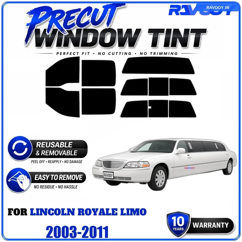 RAVOOY Precut Window Tint, Reusable Removable EPU Film, Custom Fit for Lincoln Royale Limo 2003-2011, UV Heat Protection