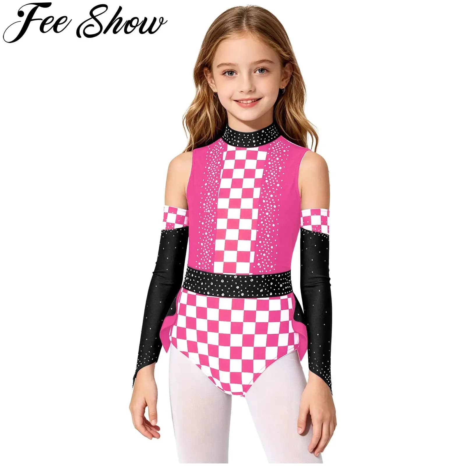 Costume da Pilota Automobilistico per Bambine, Halloween e Carnevale, Body da Danza e Pattinaggio con Strass, Senza Maniche o con Maniche