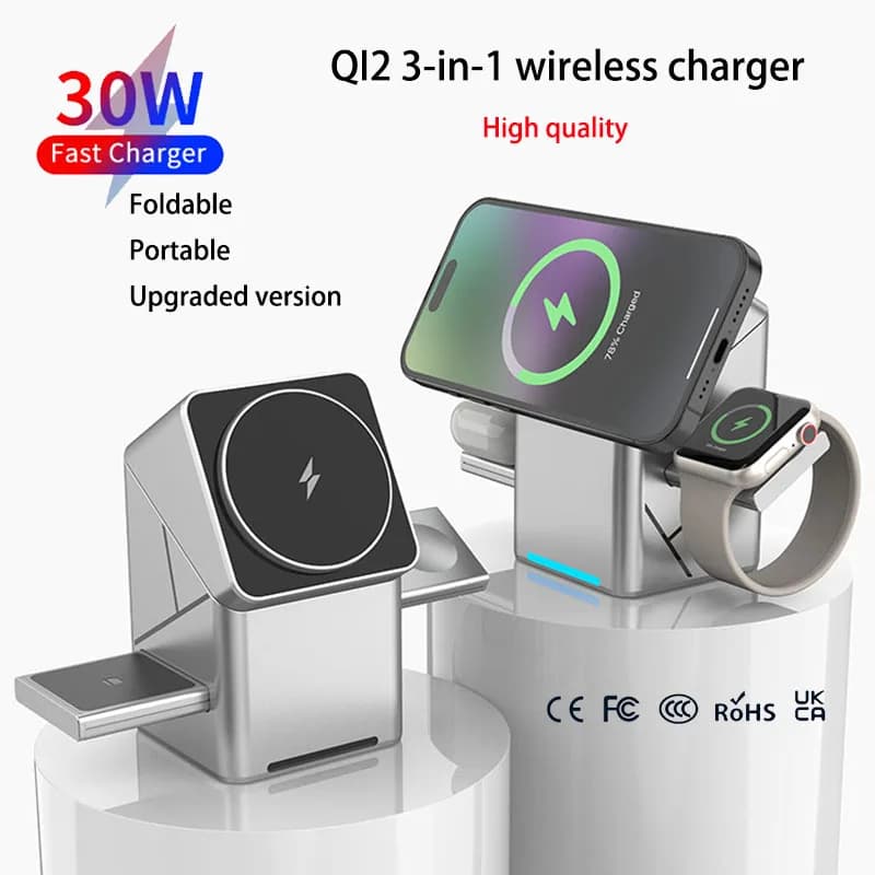 Nuova stazione di ricarica wireless magnetica rotante Qi2 3 in 1 con pulsante a sfioramento per iPhone 16-12 Max e Samsung Galaxy Dock di ricarica rapida