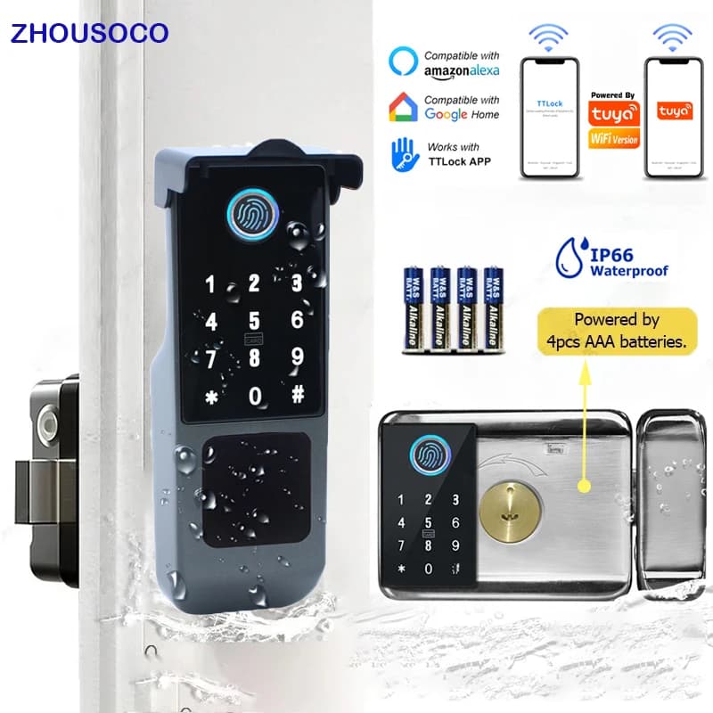 Tuya WIFI Blocco impronte digitali doppio lato Cancello esterno impermeabile Codice di accesso Scheda Rfid Serratura intelligente senza chiave