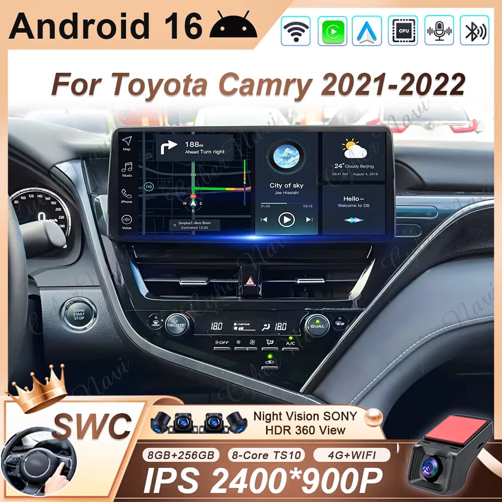 Autoradio da 12,3 pollici con Carplay wireless per Toyota Camry 2021-2022, schermo Android, GPS, lettore multimediale video, stereo, senza lettore DVD 2din