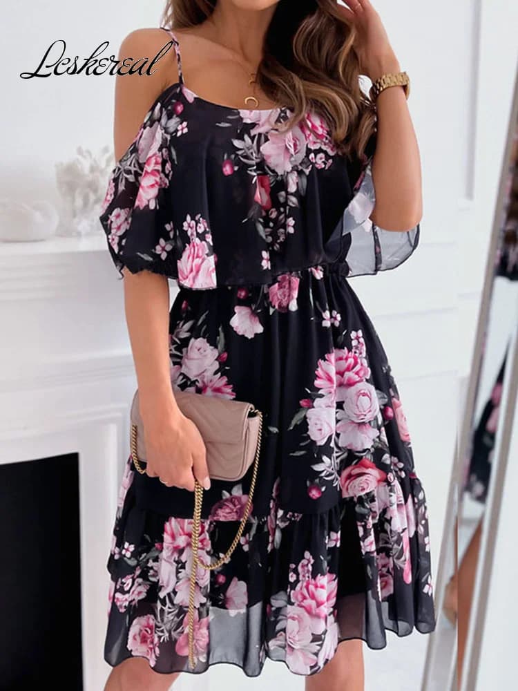 Mini abito da donna in chiffon floreale con spalle scoperte sexy 2022 abiti estivi casual con volant bianchi a maniche corte per le donne Robe Femme