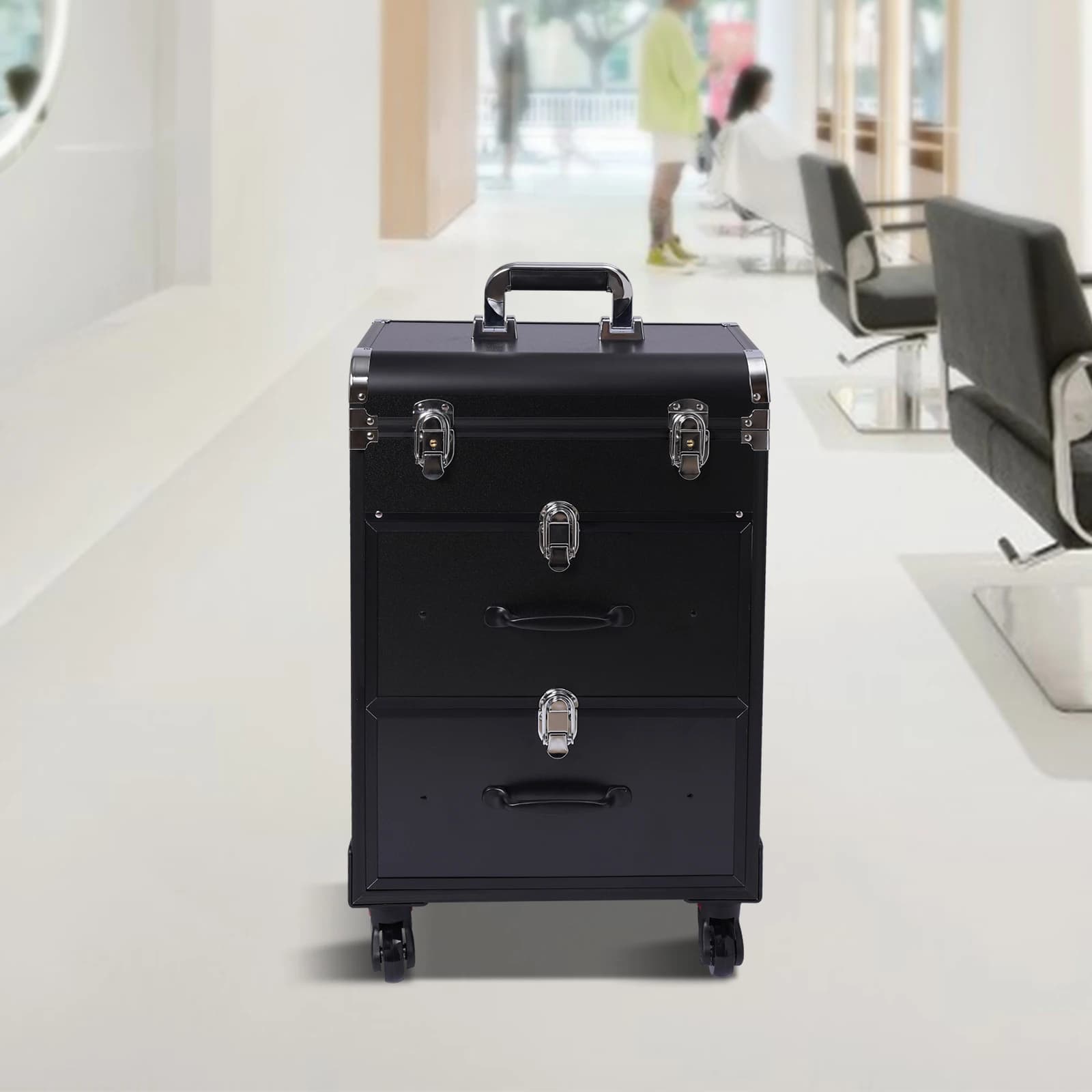 3 Level Trick Valigia with Aluminum Alloy Frame, Cosmetic Trolley with Locks, Universal Wheels, Retractable Handle, Great Capacity