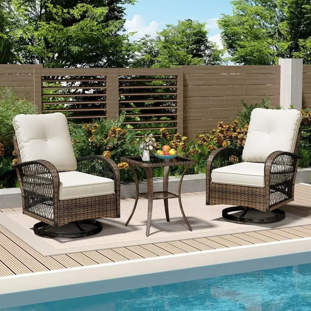 3-Piece Outdoor Wicker Swivel Rocking Chair Set with Cushions and Glass Table for Backyard and Garden in Beige