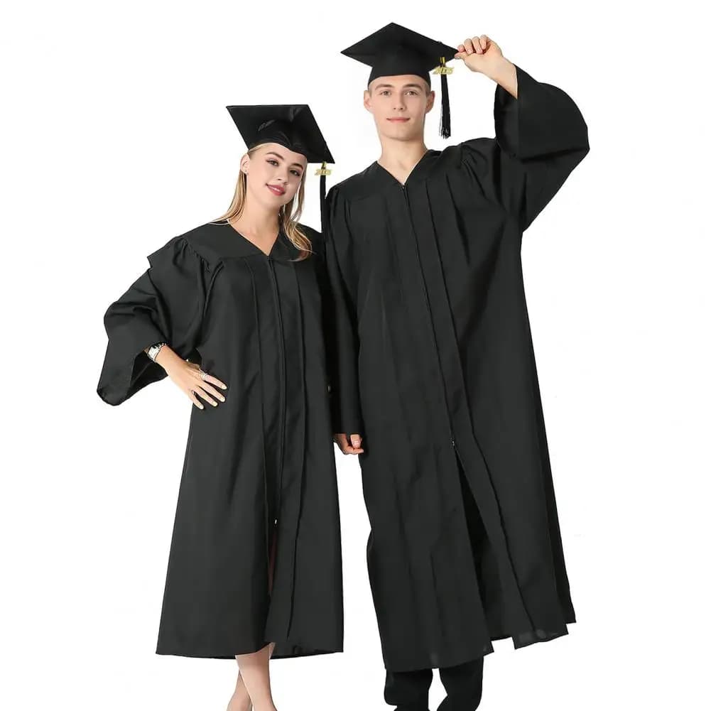 Abito da laurea Abito da laurea per studenti d'arte con cappello con scollo a V Uniforme da laurea per medico Festa di laurea Lunghezza al ginocchio Lungo