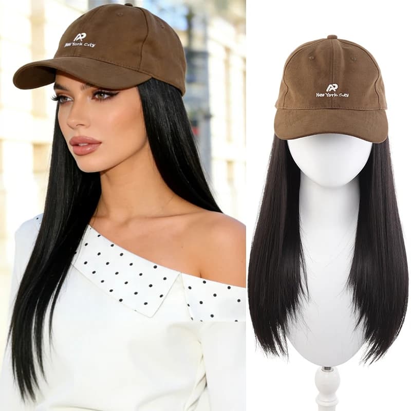 Berretto da baseball marrone con capelli sintetici lunghi e lisci, parrucca casual da donna per tutti i giorni, fibra resistente al calore, facile da acconciare