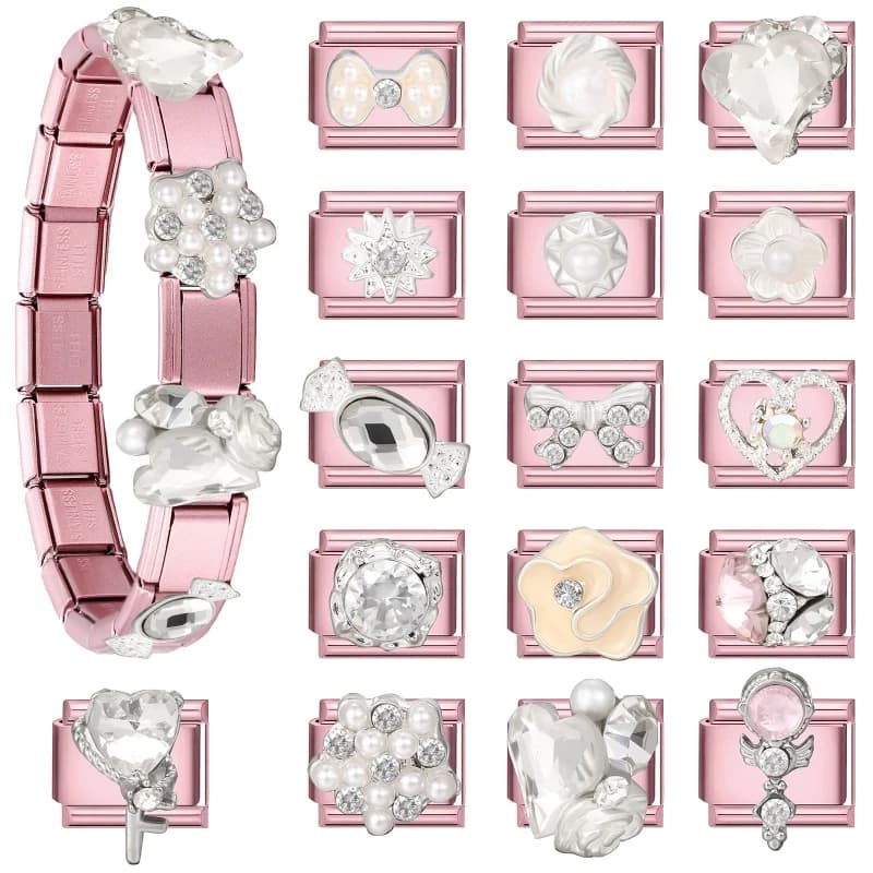 Y2K Personalized DIY Italian Pink Charm Bracelet Bow Heart Flower Candy Sun Zircon Bead Fit 9mm Bracelet Stainless Steel Jewelry